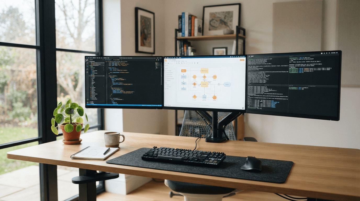 Aufgeräumter Entwickler-Arbeitsplatz mit drei Monitoren: Code, Architekturdiagramm und Terminal