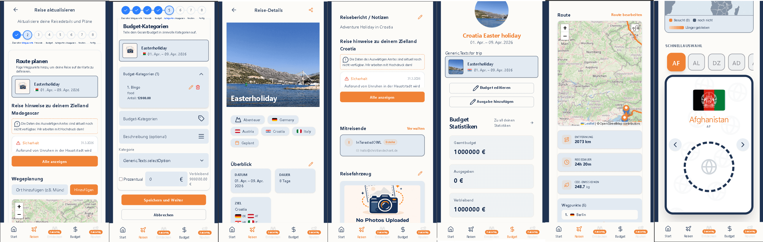 Screenshot of the WayVenture travel app showing trip planning, digital travel pass, and budget overview